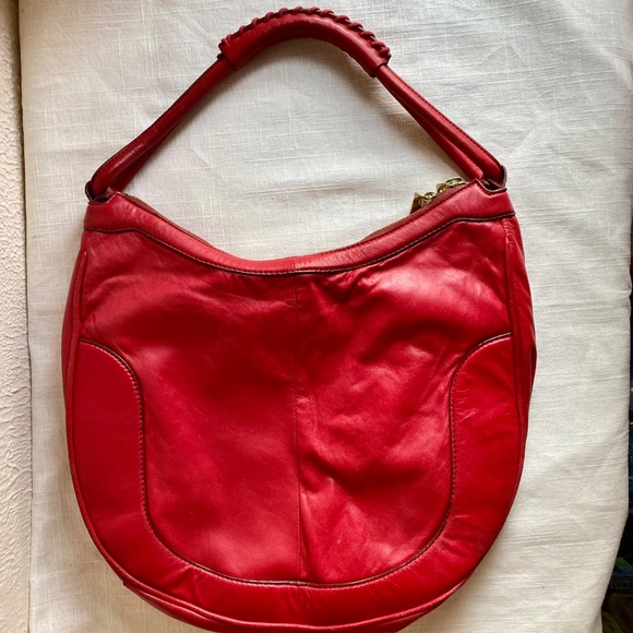 J. Crew red leather hobo handbag with brass hardware and dust bag. - Picture 4 of 13